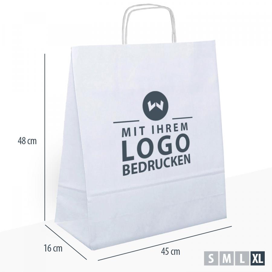 Einkaufstüten Papier weiß XL mit gedrehtem Henkel und individuell bedruckbarem Logo