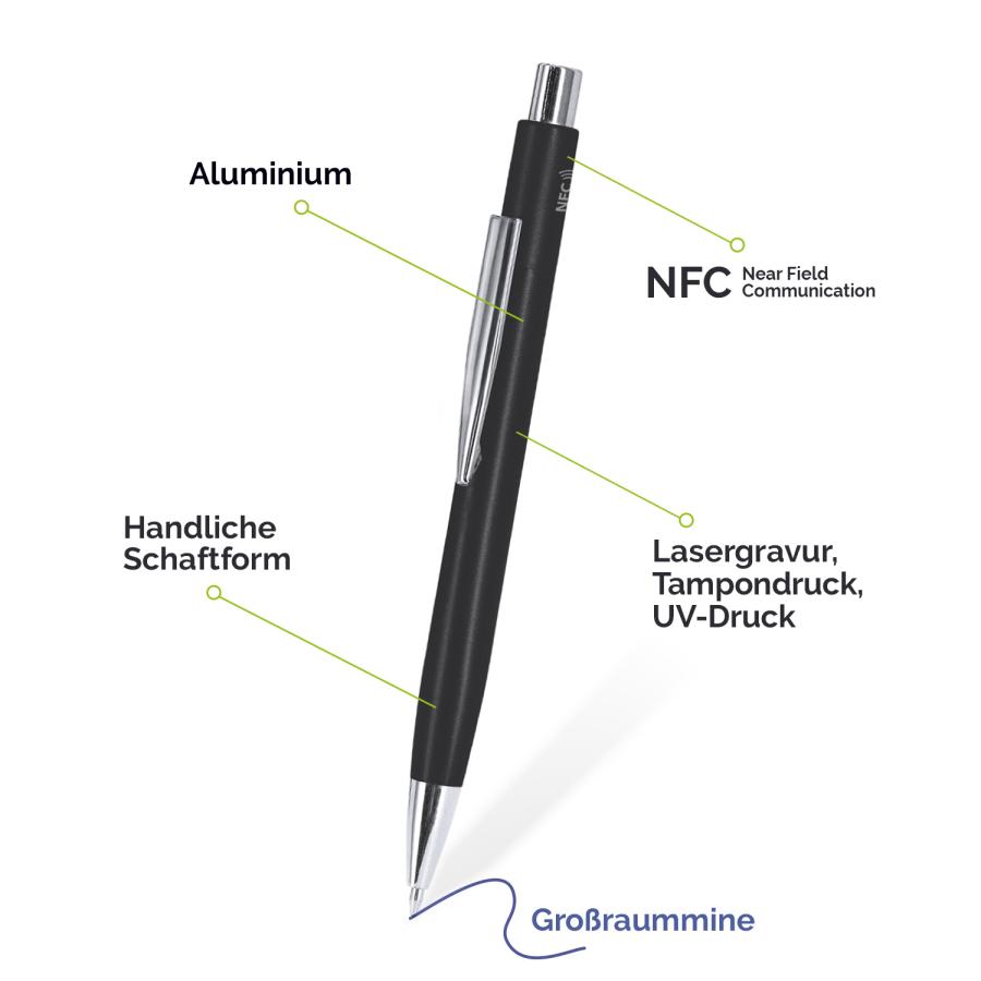 Produktdetails des NFC-Werbekugelschreibers mit Aluminiumgehäuse, Großraummine und Veredelungsflächen