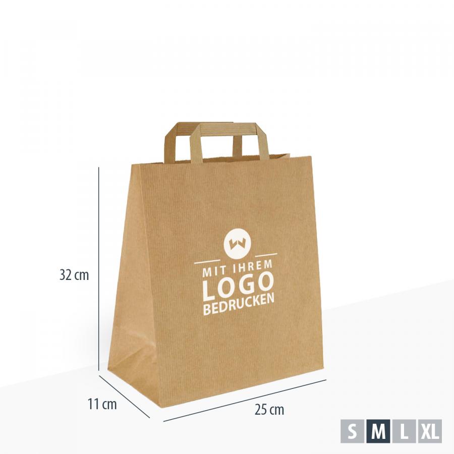 Braune Papiertasche günstig mit flachem Henkel und individuell bedruckbarem Logo, Maße 25x11x32 cm