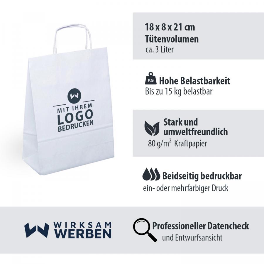 Artikeldetails der weißen Papiertüte mit Kordelgriff, 18x8x21 cm Größe, hohe Belastbarkeit bis 15 kg, aus umweltfreundlichem 80 g/m² Kraftpapier, beidseitig individuell bedruckbar, inklusive professionellem Datencheck