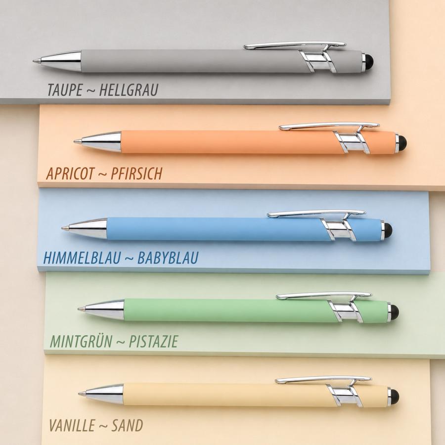 Pastell-Kugelschreiber Farben in Taupe, Apricot, Himmelblau, Mintgrün und Vanille