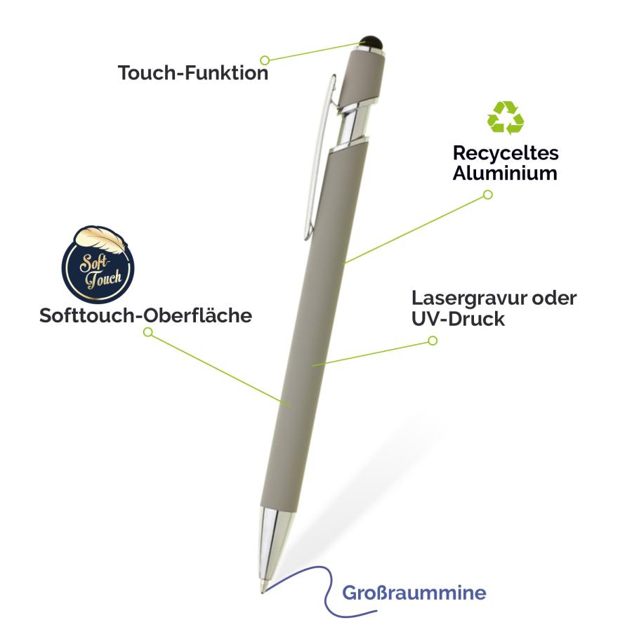 Pastell-Kugelschreiber bedruckt oder graviert mit Touch-Funktion, Softtouch-Oberfläche und recyceltem Aluminium