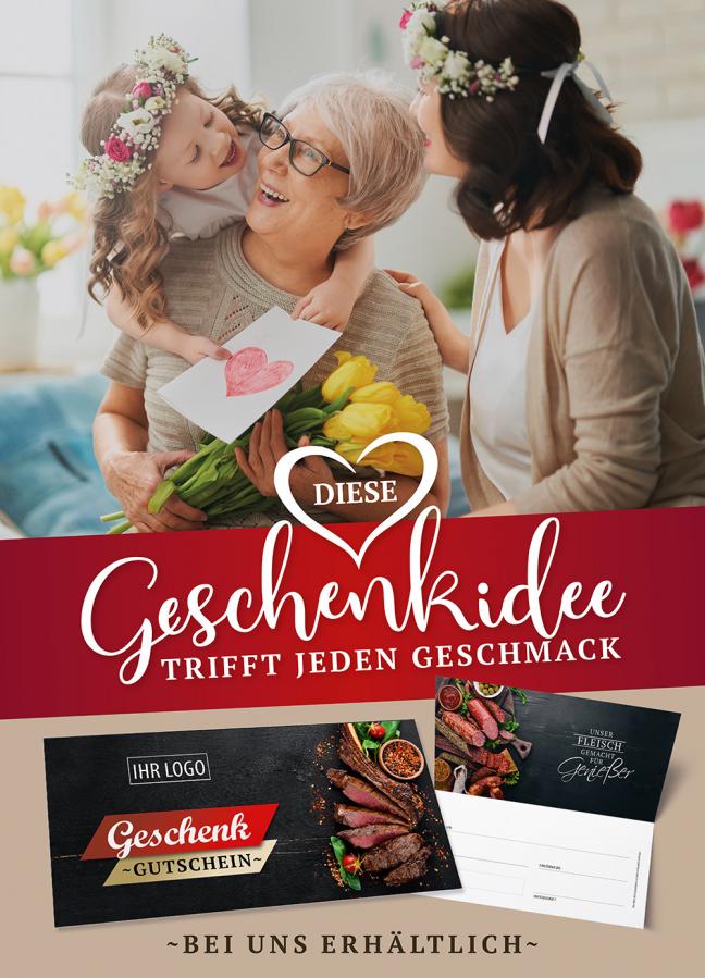 Werbeplakat: Geschenkgutscheine bei uns erhältlich