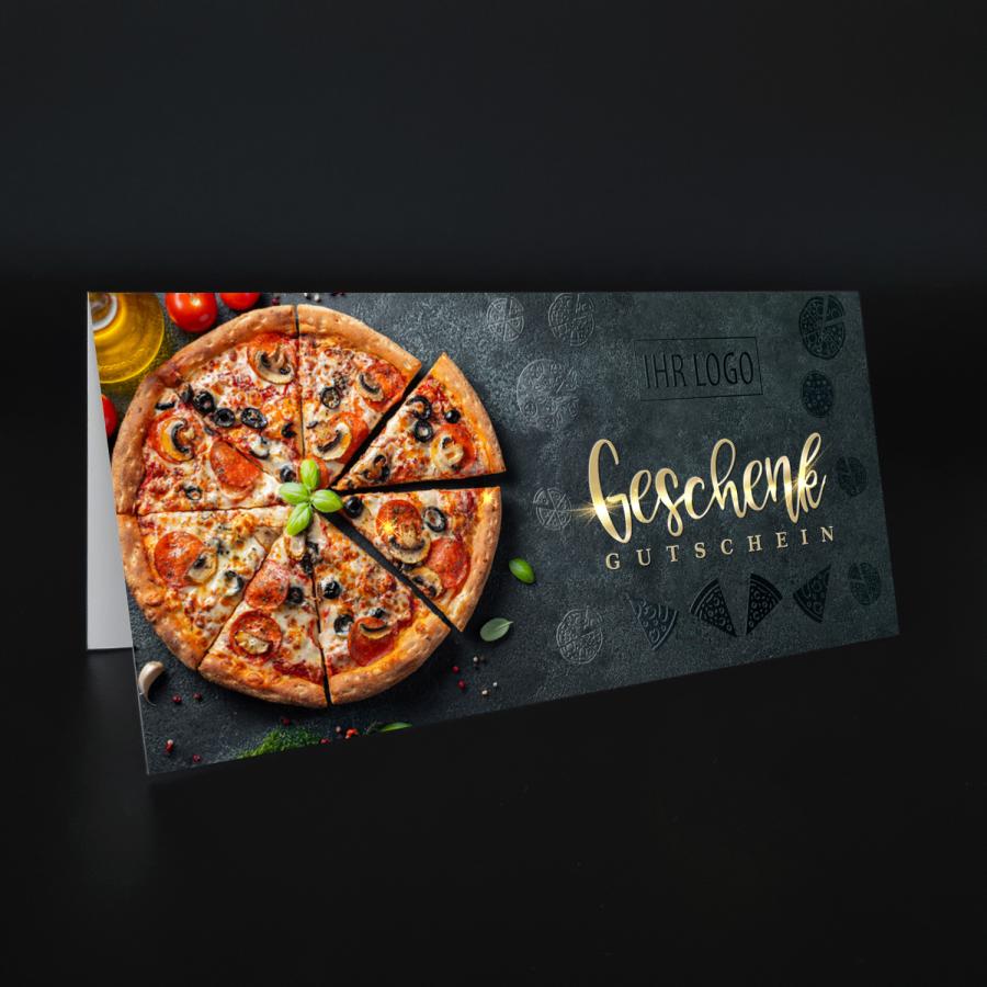 Geschenkgutscheine, Gutscheinkarten f&uuml;r Pizzeria, Soft-Touch, Hei&szlig;folie, 3D-Relieflack drucken