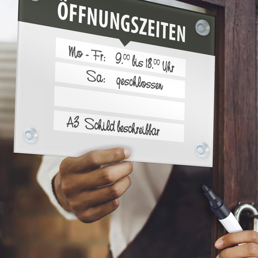 Öffnungszeiten-Schild aus Acrylglas mit Saugnäpfe, A3