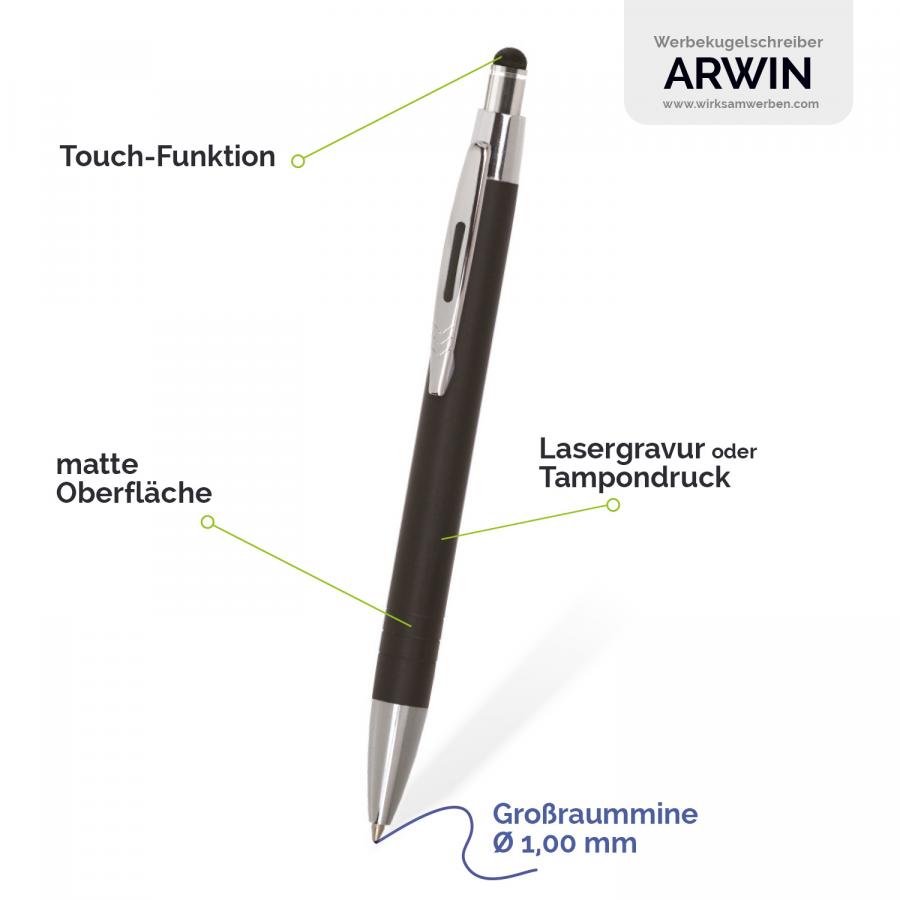 Detailansicht des ARWIN Touchpen - Entdecken Sie die matte Metalloberfläche und individuelle Gravur- oder Tampon-Druckoptionen für Ihr Unternehmenslogo.
