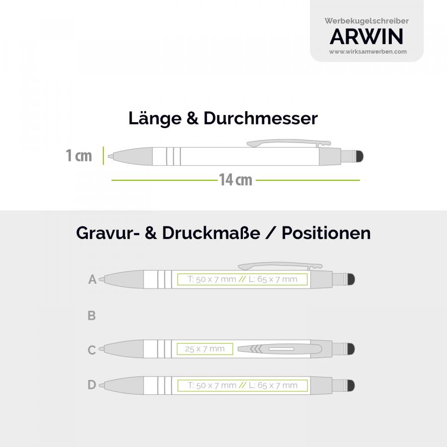 Skizze der Gravur- und Druckpositionen am ARWIN Touchpen - Exquisite Veredelungsoptionen für Werbegeschenke und Markenbotschaften.