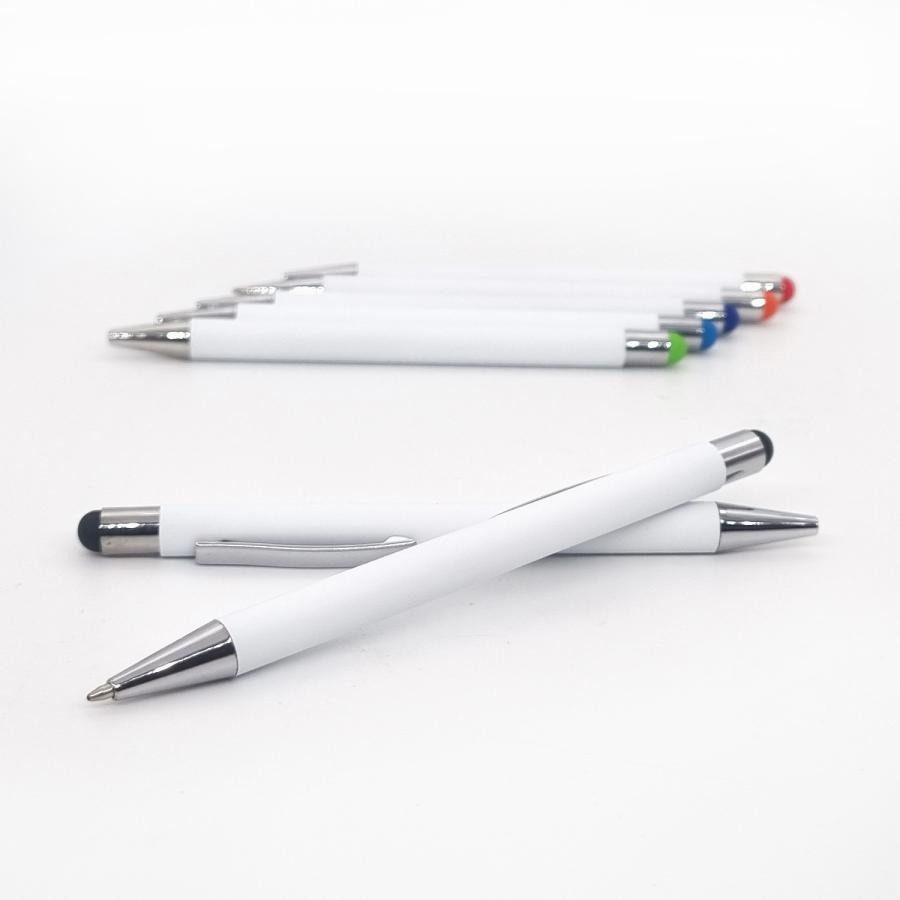 Wei&szlig;er Metall-Kugelschreiber mit farbiger Lasergravur, Softtouch & Touchfunktion